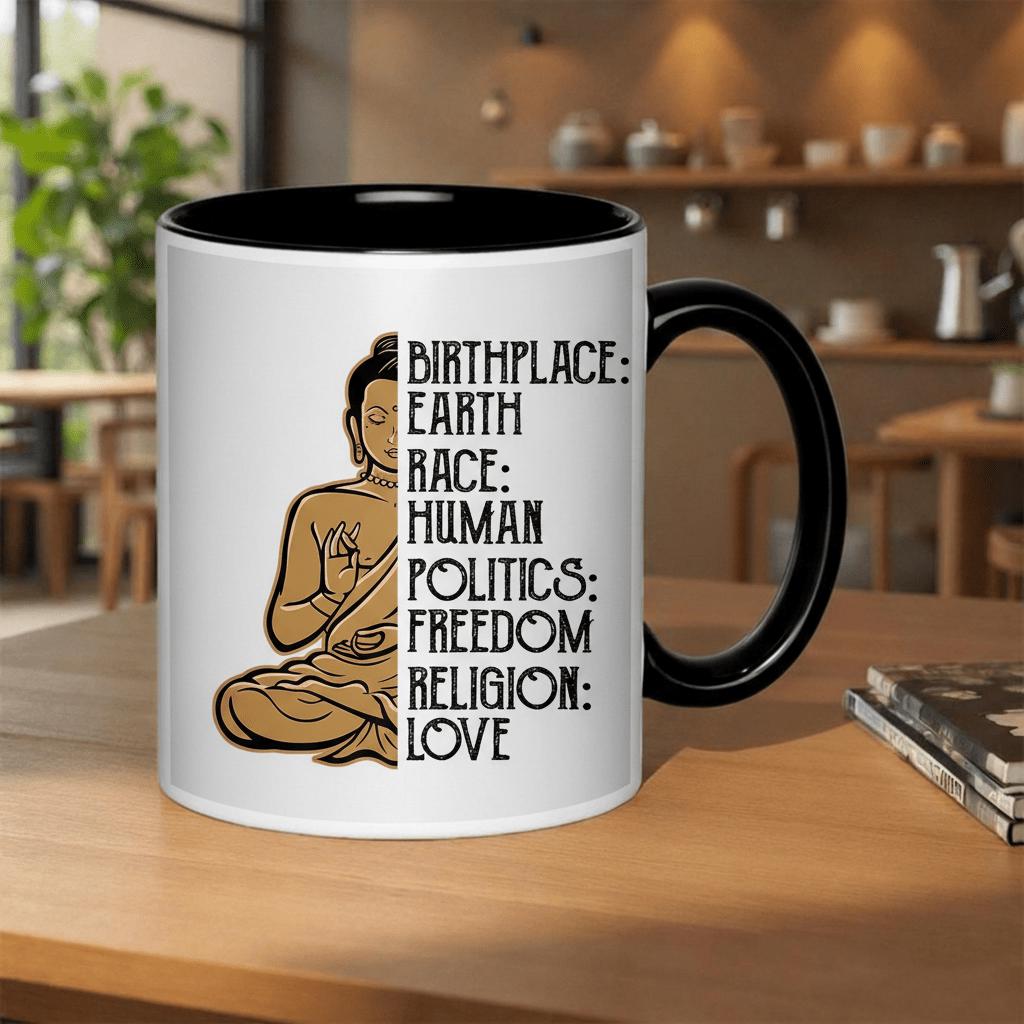 Tailorly Black Accent 11 oz Mug - politics， religion and love themed print