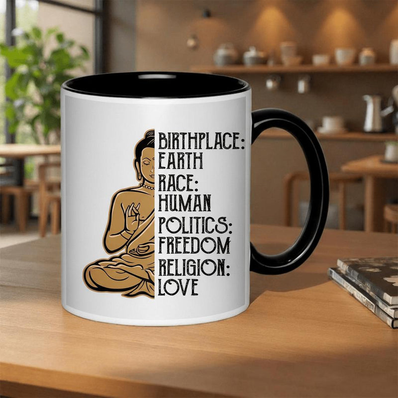 Tailorly Black Accent 11 oz Mug - politics， religion and love themed print