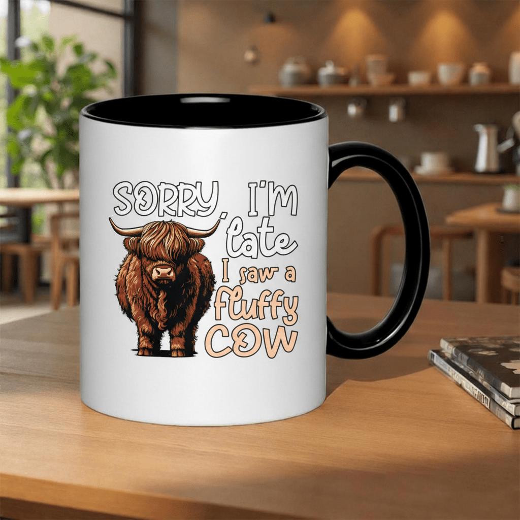 Tailorly Black Accent 11 oz Mug - apologies for my tardiness; adorable highland cow