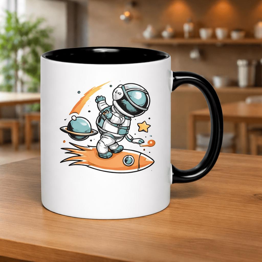 Tailorly Black Accent 11 oz Mug - astronaut on a rocket traveling through space with planets and stars