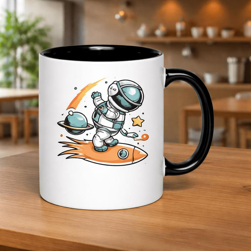 Tailorly Black Accent 11 oz Mug - astronaut on a rocket traveling through space with planets and stars