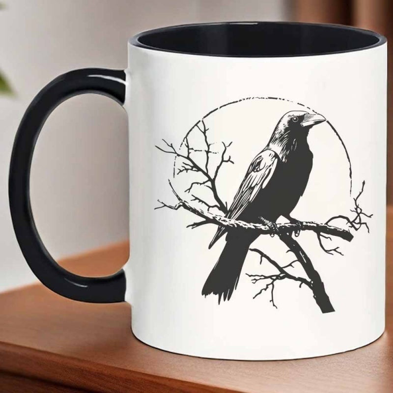 Tailorly Black Accent 11 oz Mug - line drawing of a crow