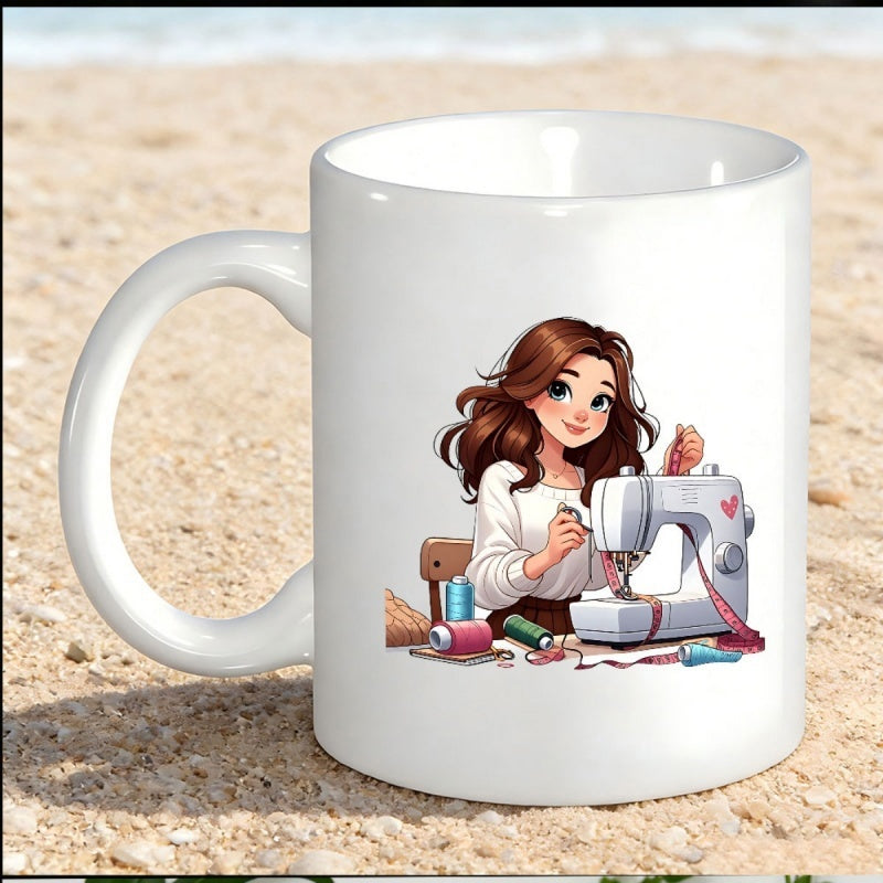 Tailorly White Ceramic 11 oz Mug - Charming Cartoon Girl At Her Desk Using A White Sewing Machine Girl
