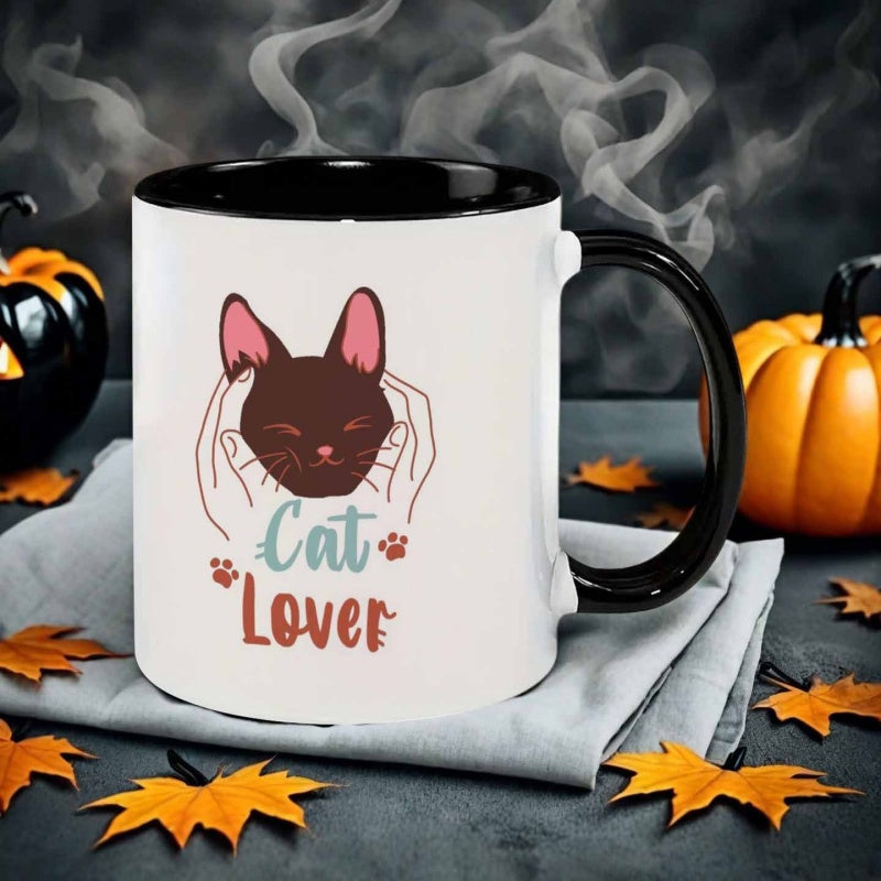 Tailorly Black Accent 11 oz Mug - cat with cheeks in hand drawn style