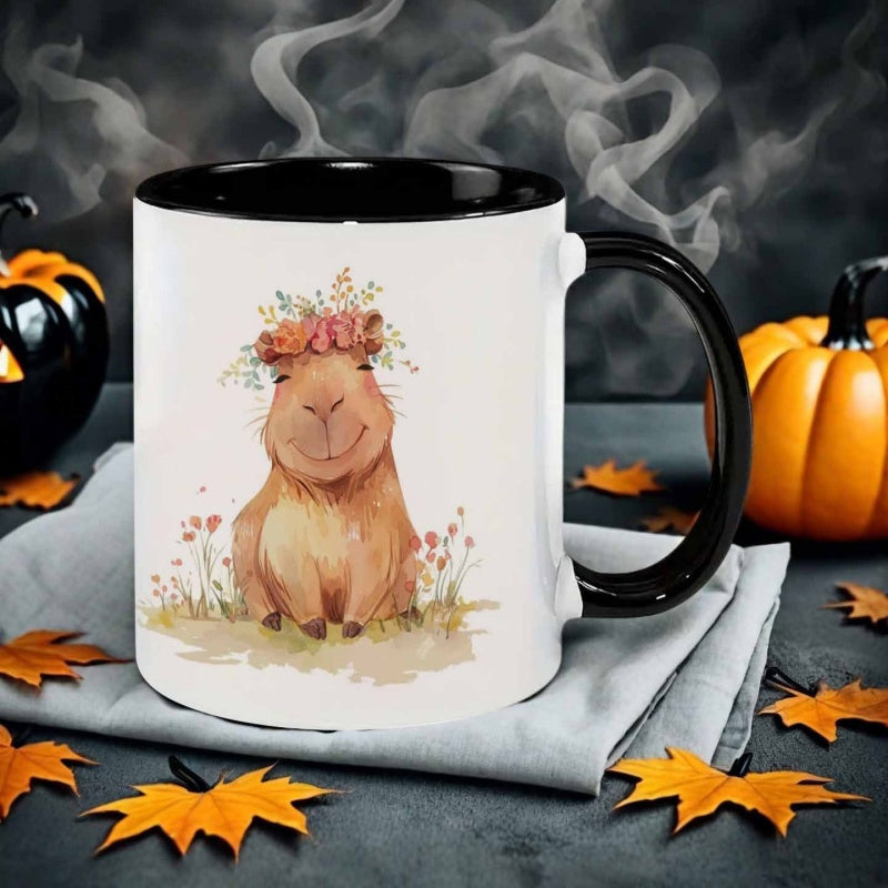 Tailorly Black Accent 11 oz Mug - capybara in watercolor with floral