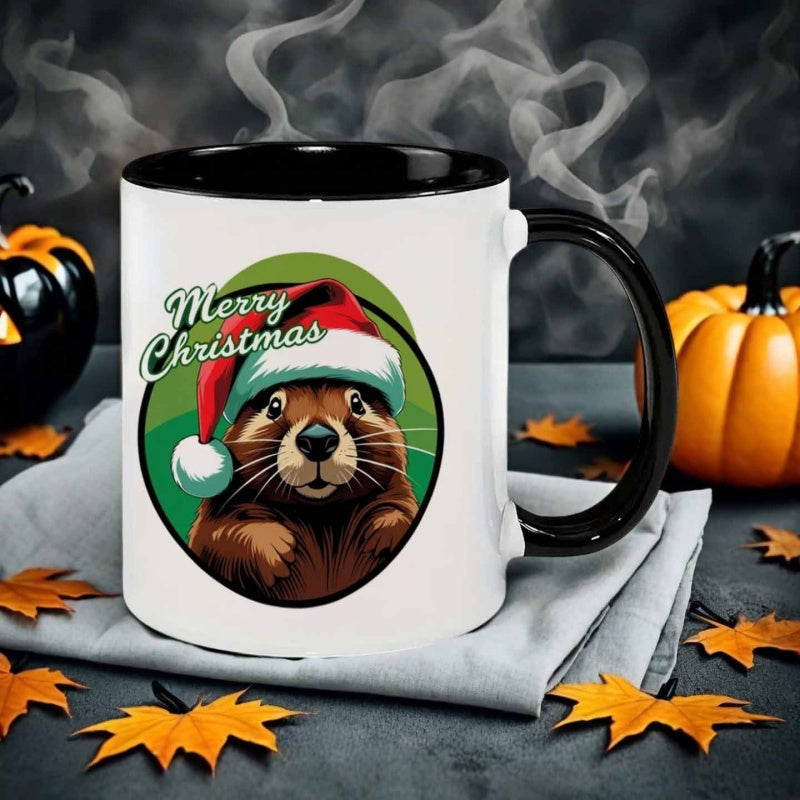 Tailorly Black Accent 11 oz Mug - cartoon style christmas beaver