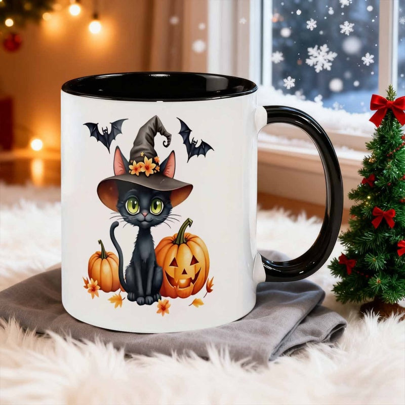 Tailorly Black Accent 11 oz Mug - cute illustration of cat witch