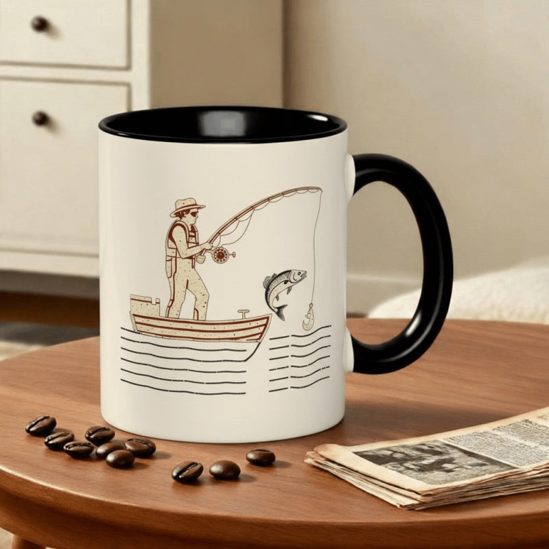 Tailorly Black Accent 11 oz Mug - fisherman in a boat catching fish