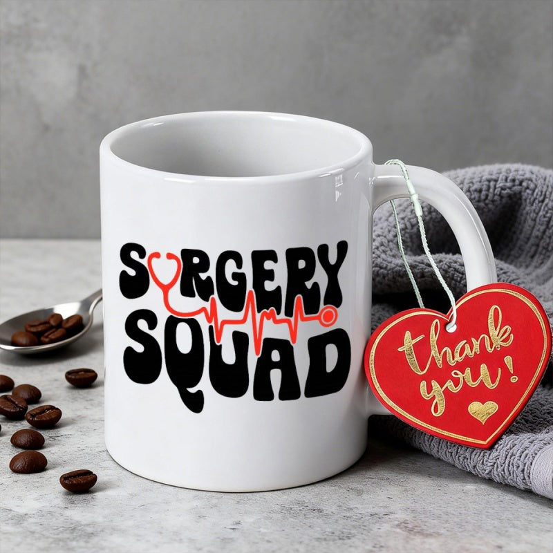 Tailorly White Ceramic 11 oz Mug - Surgery Squad Creative Healthcare Professional Design With Red Heartbeat Line Stethoscope Heart