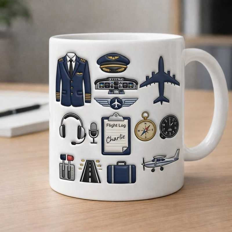 Tailorly White Ceramic 11 oz Mug - Flight Log Charlie Professional Pilot Uniform With Iconic Wings And Essential Flying Equipment Airplane