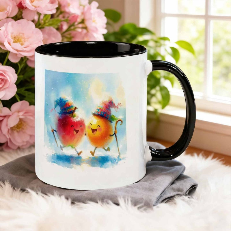 Tailorly Black Accent 11 oz Mug - watercolor fruits and vegetables wearing hats