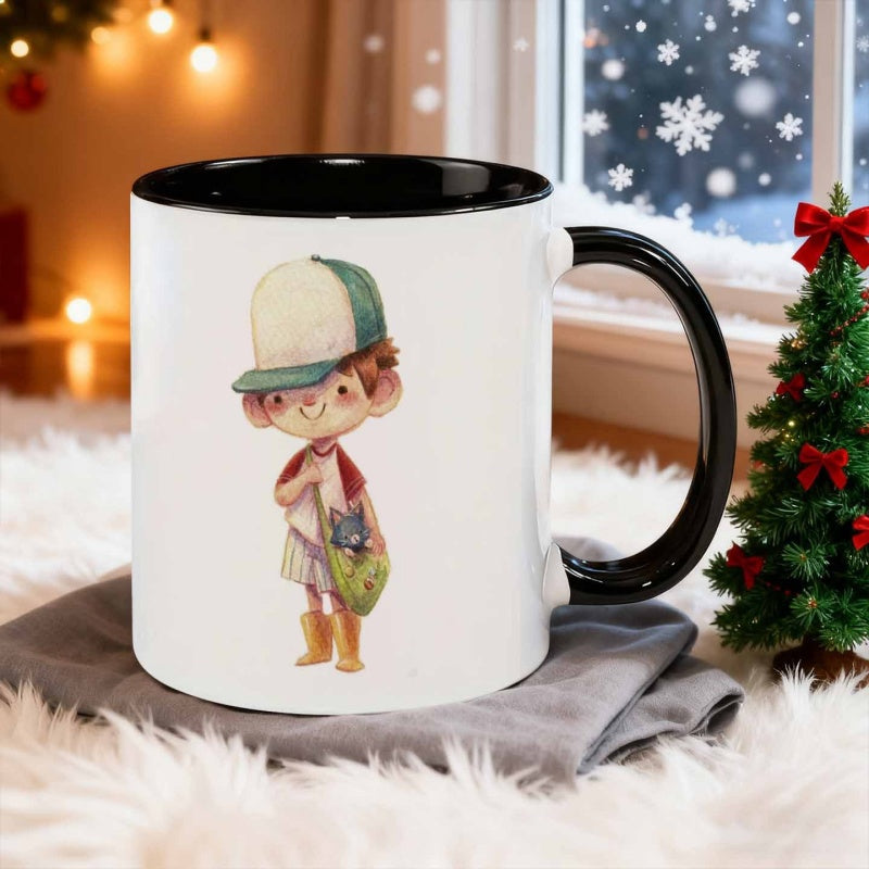 Tailorly Black Accent 11 oz Mug - little boy wearing a hat and carrying