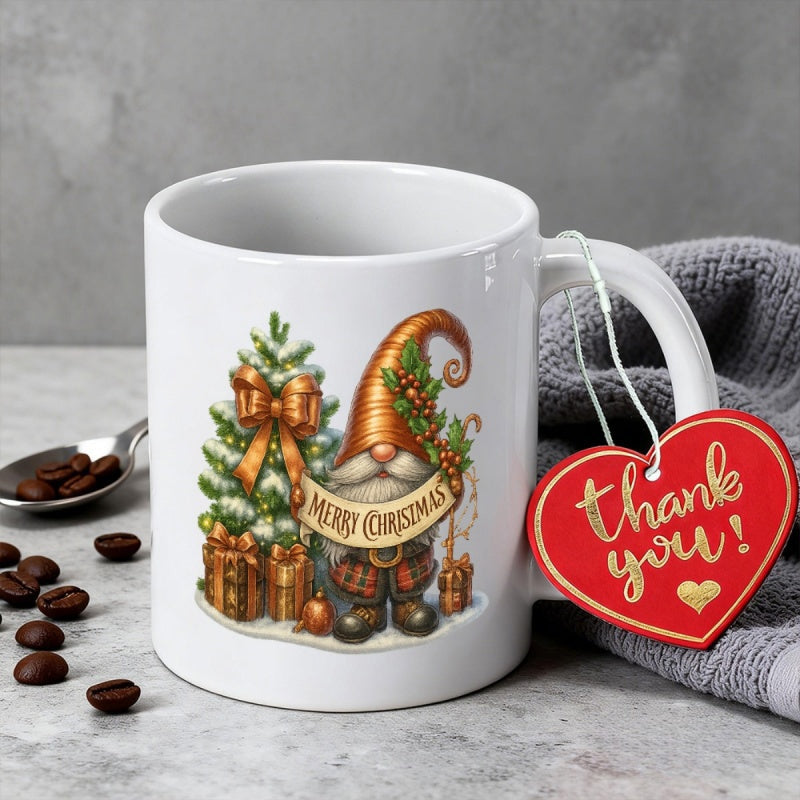 Tailorly White Ceramic 11 oz Mug - Merry Christmas Thank You Festive Holiday Scene Featuring Decorated Tree And Gift Boxes Standing Beside Gnome
