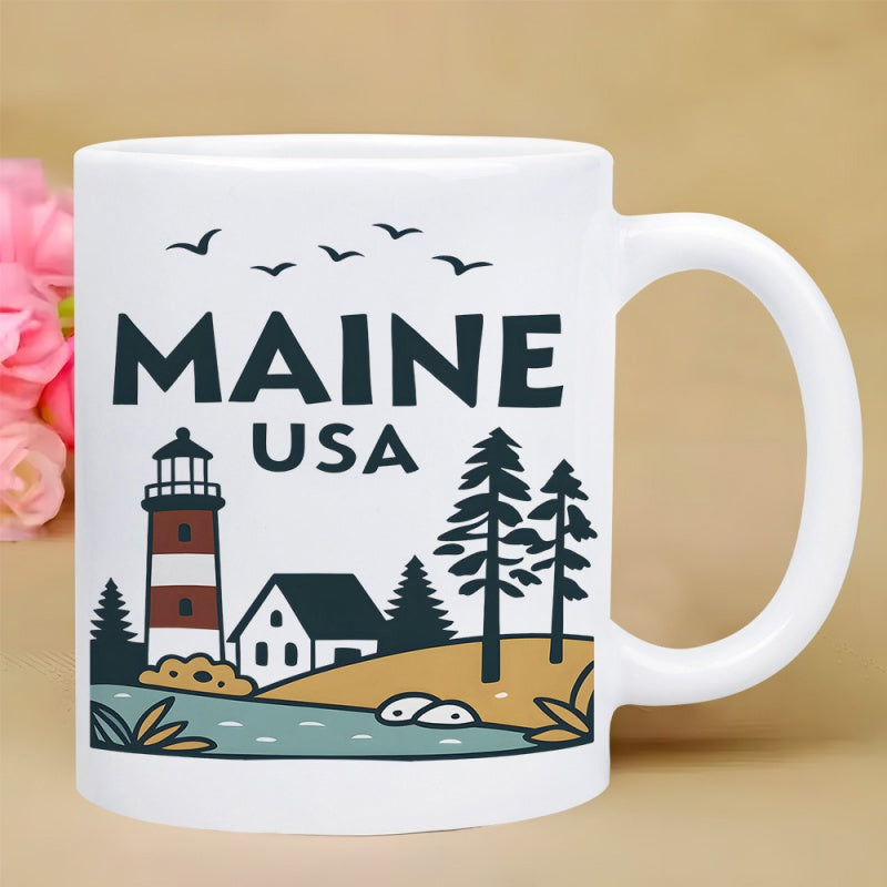 Tailorly White Ceramic 11 oz Mug - Maine Usa Scenic Coastal Landscape With Birds And Tall Pine Trees Surrounding Lighthouse