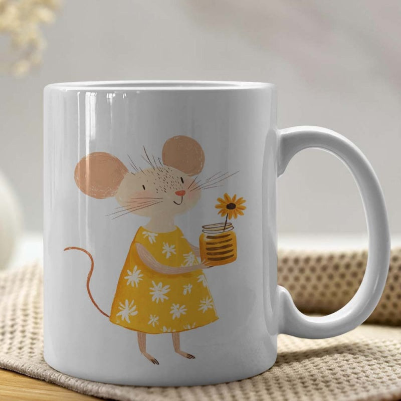 Tailorly White Ceramic 11 oz Mug - Adorable Little Mouse Wearing Yellow Floral Dress Holding A Sunflower Mouse