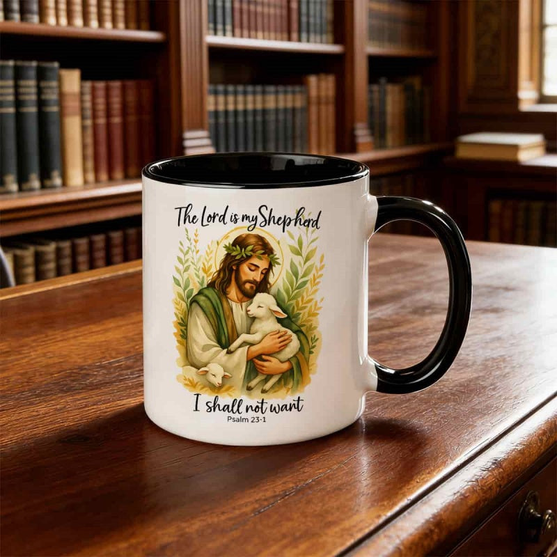 Tailorly Black Accent 11 oz Mug - psalm 23 text with 1-2 sheep and shepherd