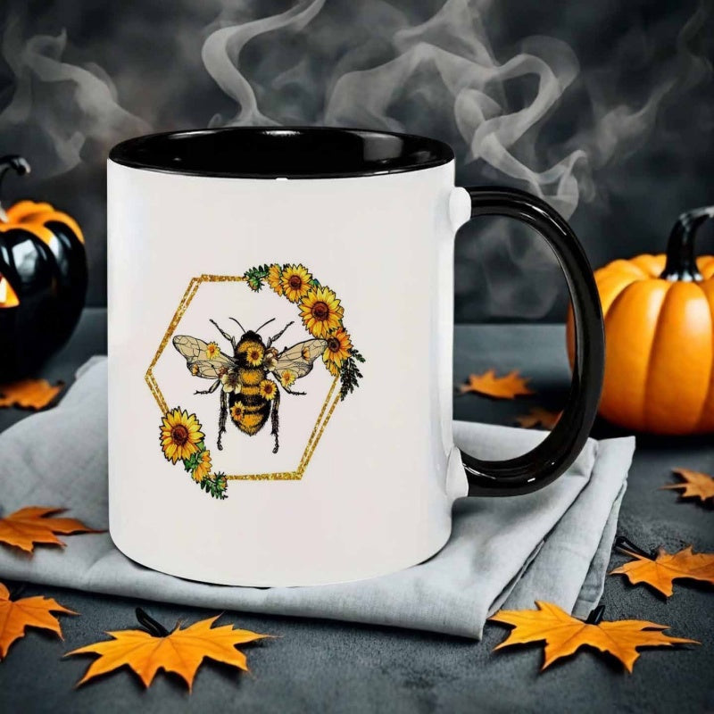 Tailorly Black Accent 11 oz Mug - hand drawn bee and flowers