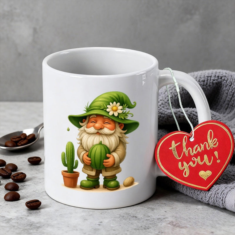 Tailorly White Ceramic 11 oz Mug - Thank You Smiling Garden Figure With Green Hat Holding Melon Beside Potted Cactus Gnome