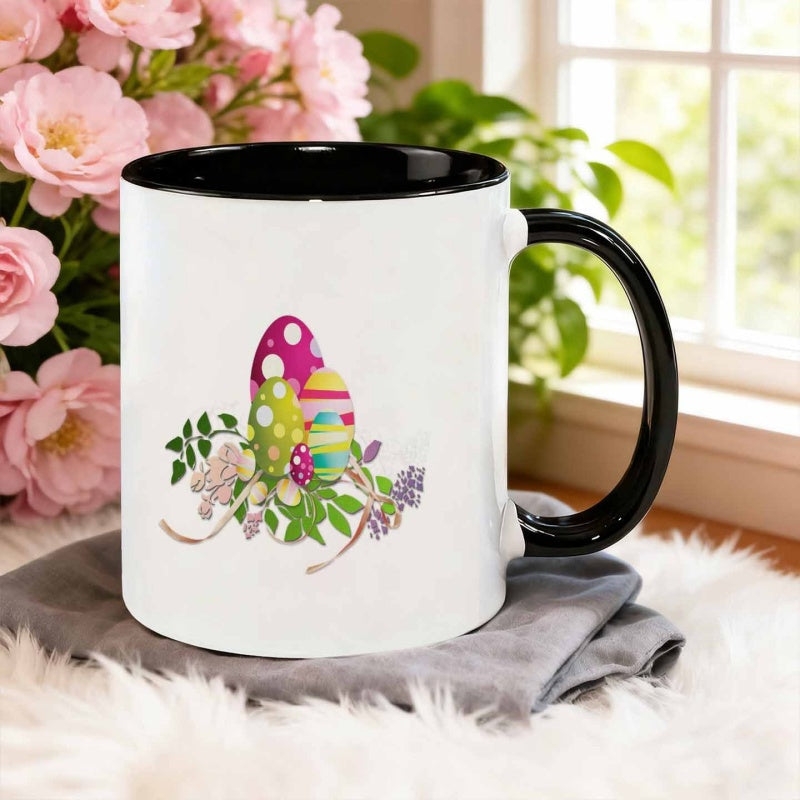 Tailorly Black Accent 11 oz Mug - colorful eggs with flowers and leaves