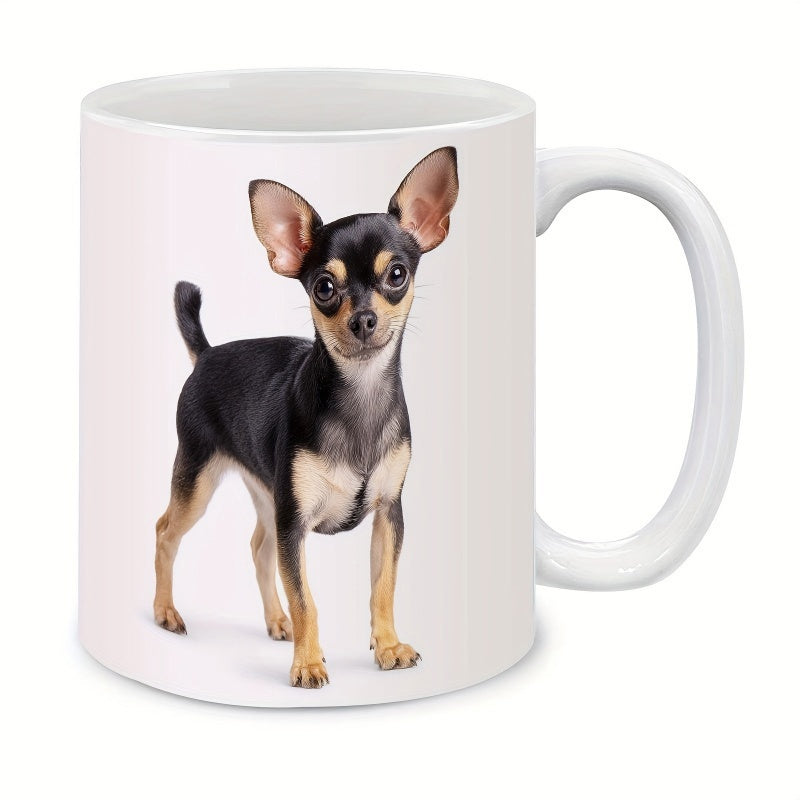 Tailorly White Ceramic 11 oz Mug - Small Black And Tan Puppy Standing Alert On White Background Chihuahua