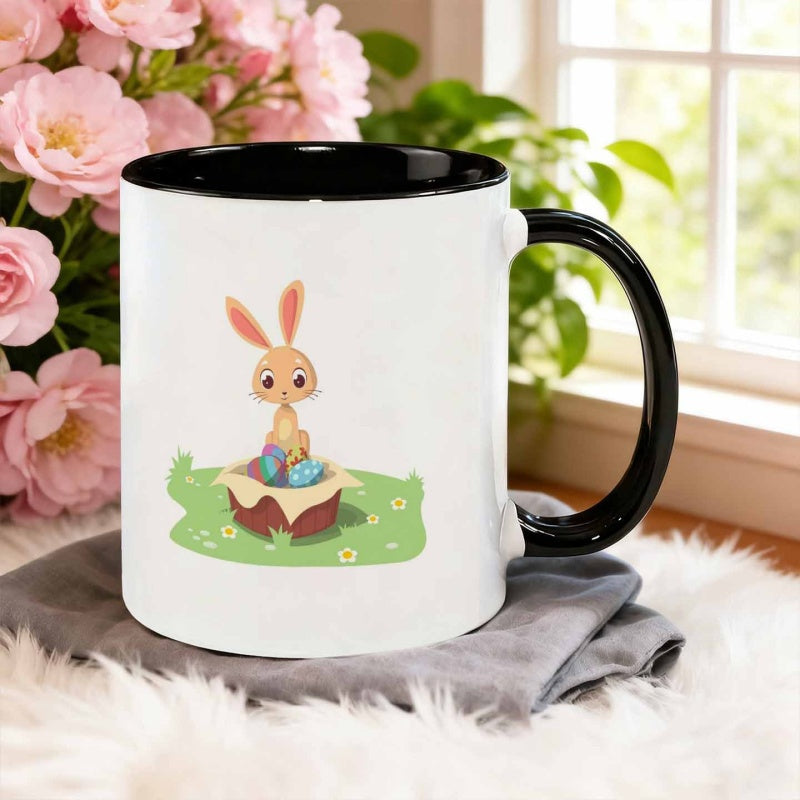 Tailorly Black Accent 11 oz Mug - cartoon rabbit lying in egg basket
