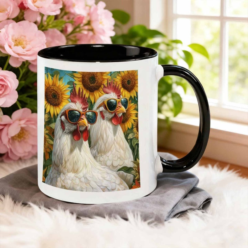 Tailorly Black Accent 11 oz Mug - rooster wearing glasses in a sunflower field