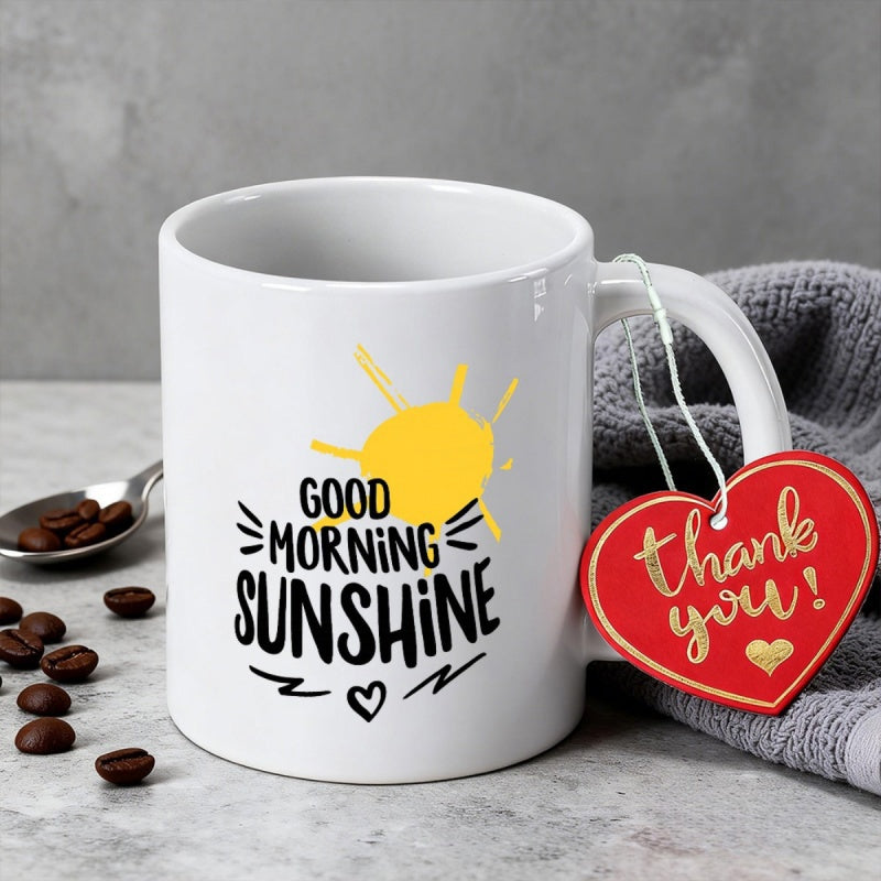 Tailorly White Ceramic 11 oz Mug - Good Morning Sunshine Vibrant Yellow Hand Drawn Radiant Glowing Warm Artistic Sun