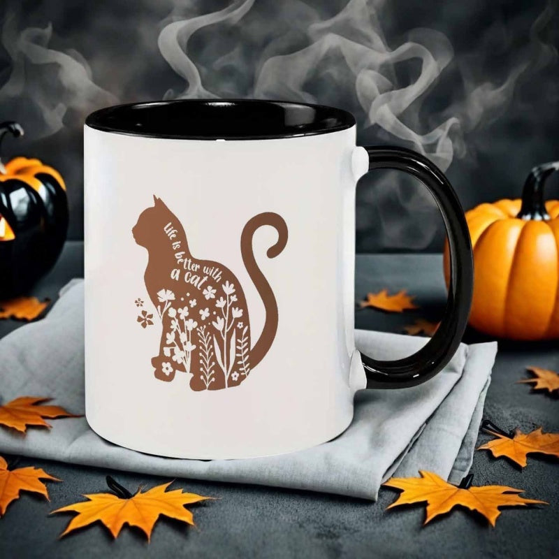 Tailorly Black Accent 11 oz Mug - silhouette style cat with flowers
