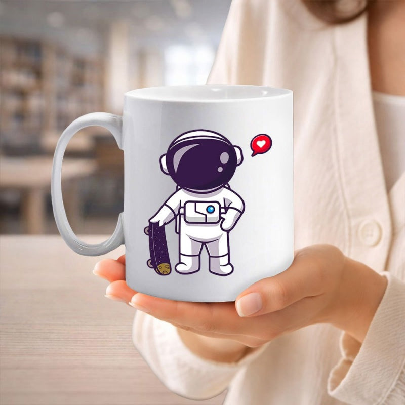 Tailorly White Ceramic 11 oz Mug - Cute Cartoon Space Traveler Holding A Purple Skateboard With Red Heart Astronaut