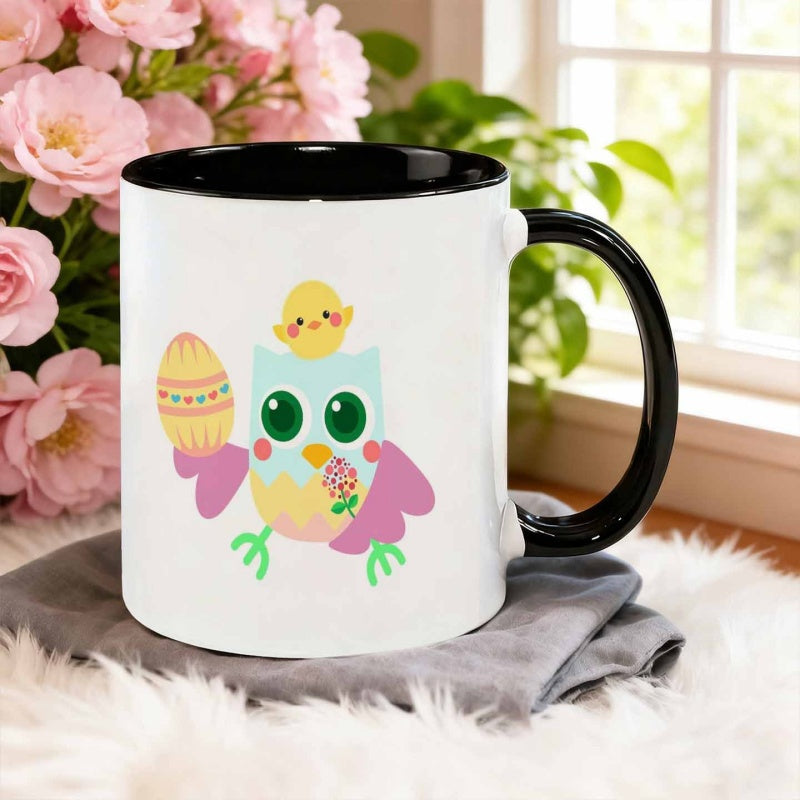 Tailorly Black Accent 11 oz Mug - cute cartoon owl holding an and a chicken
