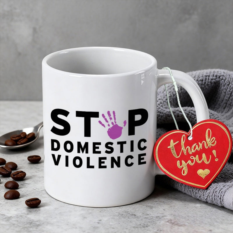 Tailorly White Ceramic 11 oz Mug - Stop Domestic Violence Thank You Bold Purple Handprint Symbol On A Minimalist Smooth Ceramic Surface Handprint