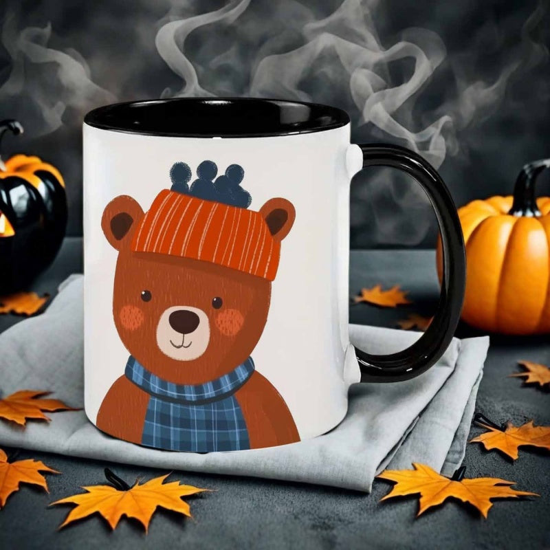 Tailorly Black Accent 11 oz Mug - adorable brown bear with hat