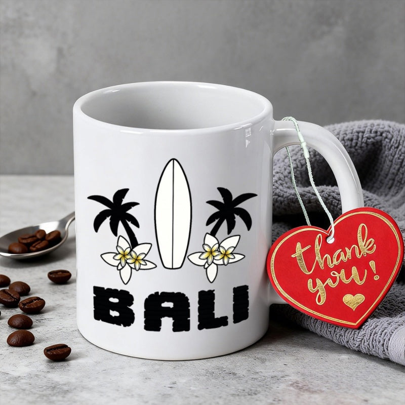 Tailorly White Ceramic 11 oz Mug - Bali Tropical Vacation Scene With Palm Trees And Flowers Featuring Central Surfboard