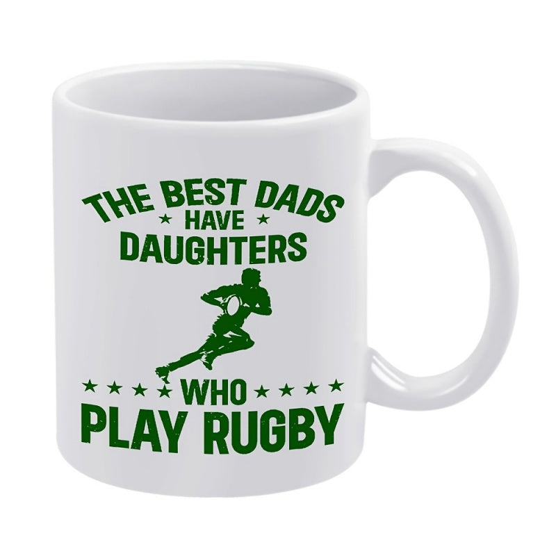 Tailorly White Ceramic 11 oz Mug - The Best Dads Have Daughters Who Play Rugby Dynamic Sports Silhouette Running With Ball Among Scattered Small Decorative Stars