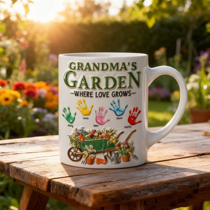 Tailorly White Ceramic 11 oz Mug - Grandmas Garden Where Love Grows Colorful Little Handprints Above A Flower Filled Garden Cart Wheelbarrow