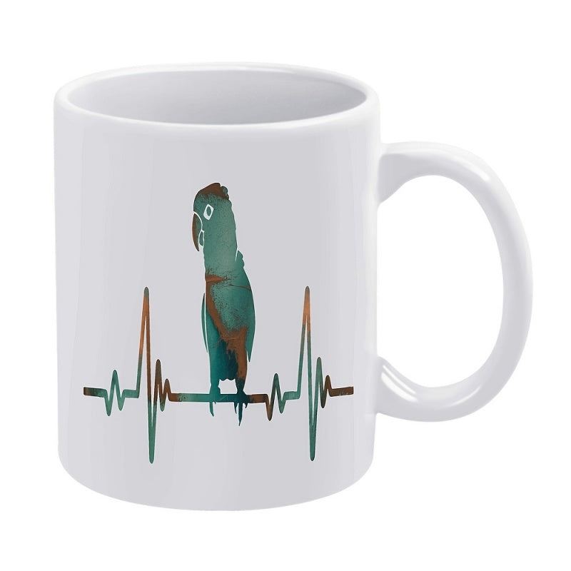 Tailorly White Ceramic 11 oz Mug - Minimalist Bird Standing On Rhythmic Heartbeat Line With Gradient Colors Parrot