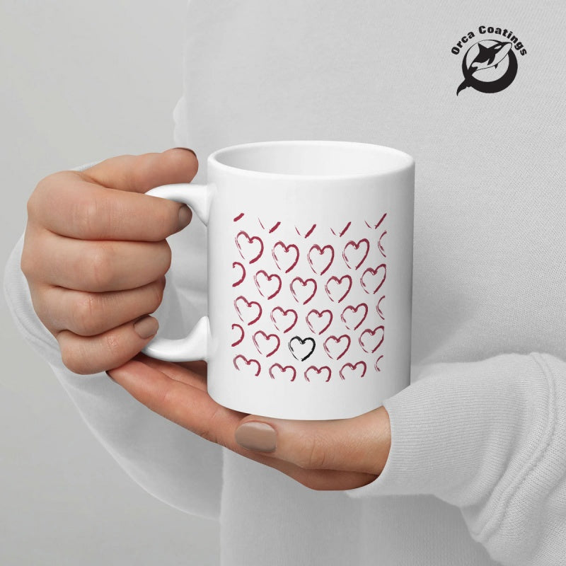 Tailorly White Ceramic 11 oz Mug - Artistic Hand Drawn Red Sketchy Symbols Arranged In An Orderly Grid Pattern Heart