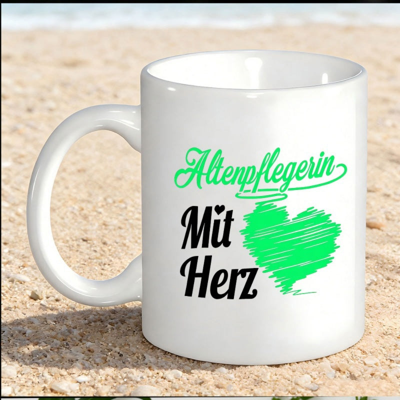 Tailorly White Ceramic 11 oz Mug - Minimalist White Ceramic Vessel Featuring A Green Textured Heart And Script Mug