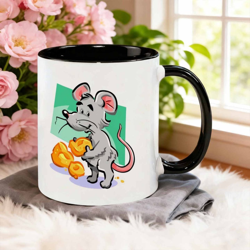 Tailorly Black Accent 11 oz Mug - cartoon mouse holding cheese