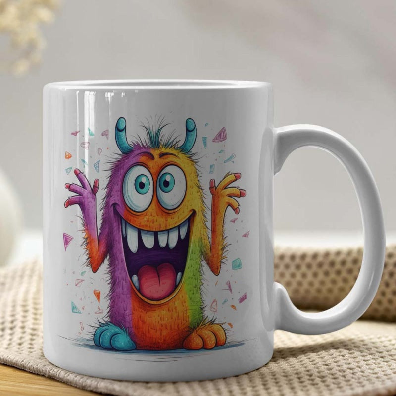 Tailorly White Ceramic 11 oz Mug - Whimsical Vibrant Rainbow Furry Creature With Big Eyes And Joyful Expression Monster