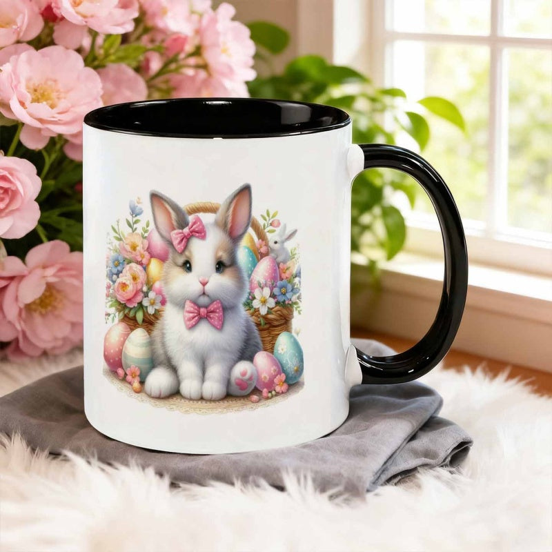 Tailorly Black Accent 11 oz Mug - adorable rabbit with flower basket and eggs