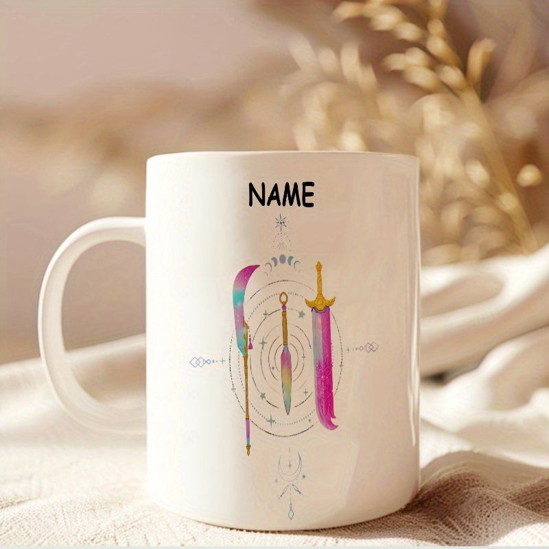 Tailorly White Ceramic 11 oz Mug - Name Elegant Celestial Patterns With Magical Gradient Fantasy Weapons Arranged Under Stars Sword