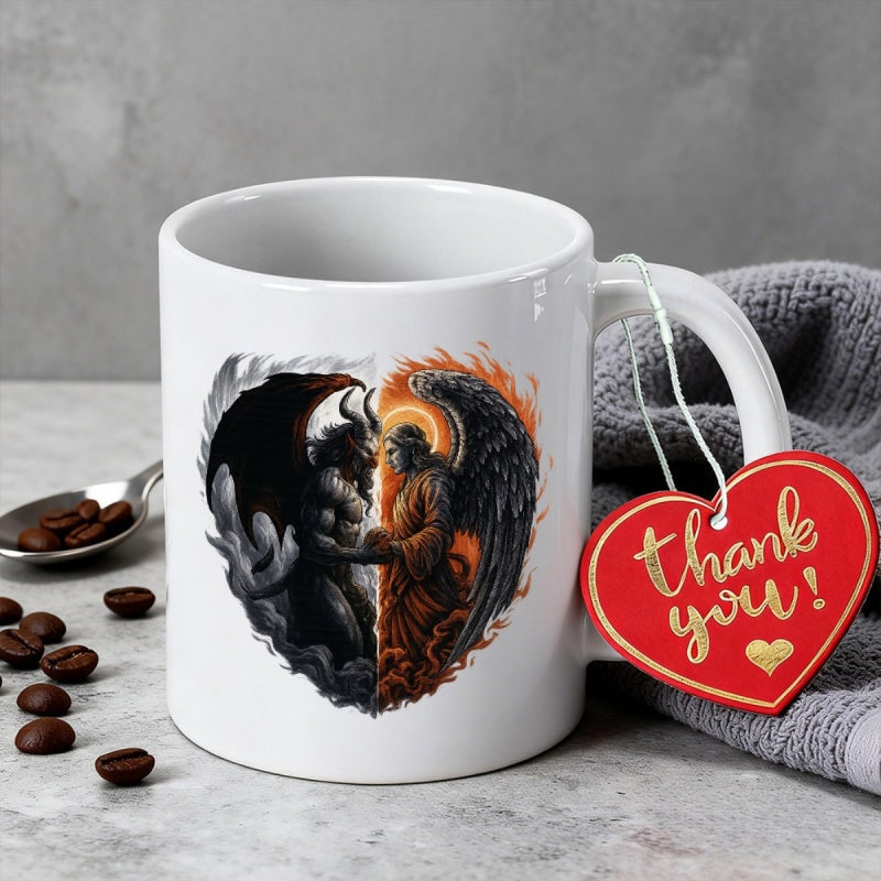 Tailorly White Ceramic 11 oz Mug - Mystical Dual Contrast Of Dark Shadow And Divine Light Wings Heart
