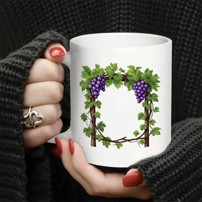 Tailorly White Ceramic 11 oz Mug - Lush Green Leaves And Purple Grapes On A Brown Wooden Trellis Grapevine
