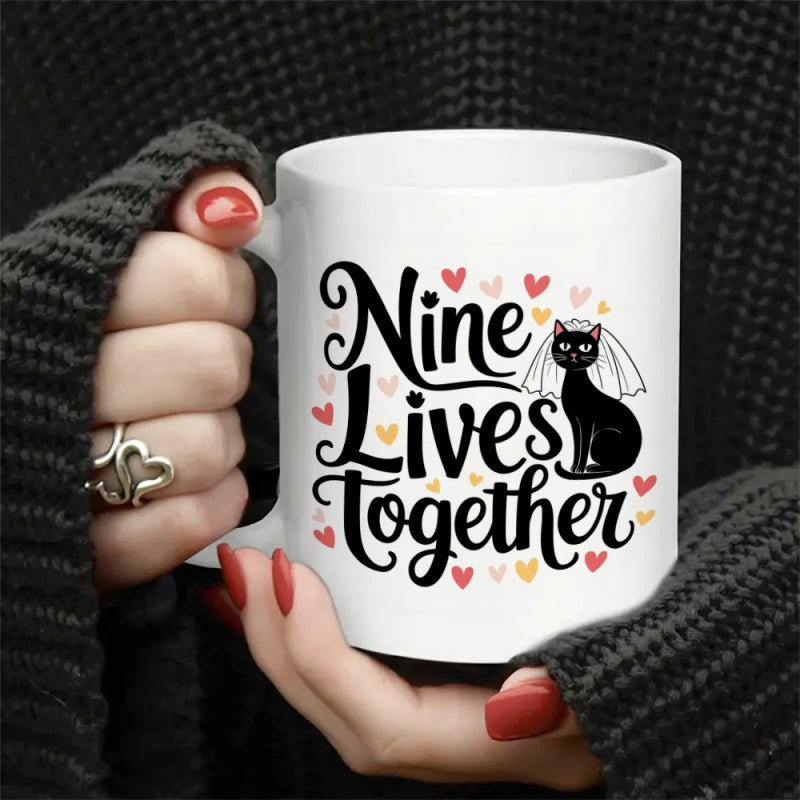 Tailorly White Ceramic 11 oz Mug - Nine Lives Together Adorable Black Cat Wearing Wedding Veil Surrounded By Small Colorful Hearts Cat