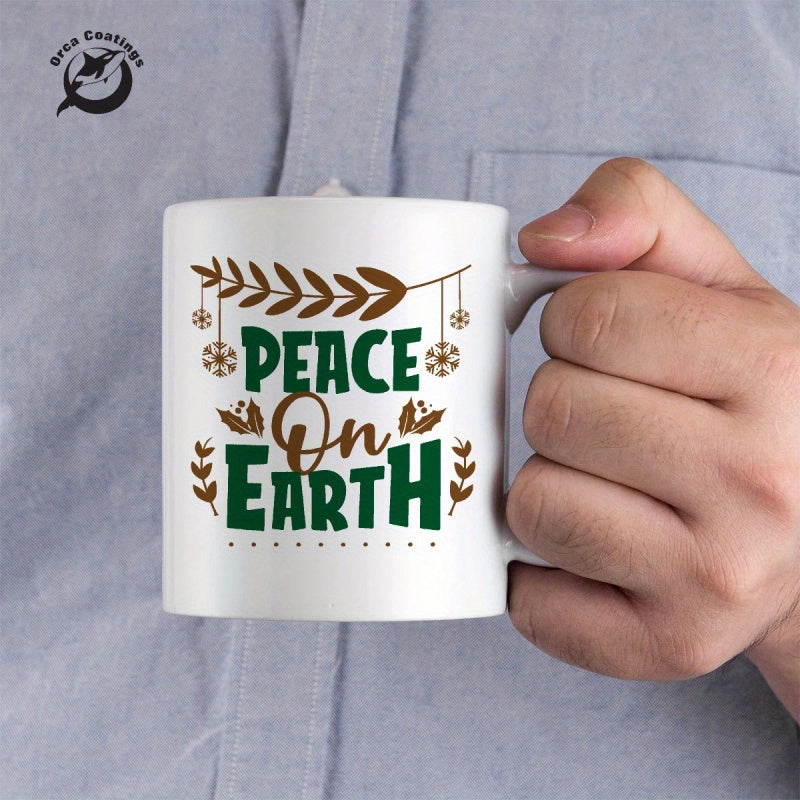 Tailorly White Ceramic 11 oz Mug - Peace On Earth Festive Branches Hanging Delicate Snowflakes And Decorative Leaves With Artistic Typography Sign