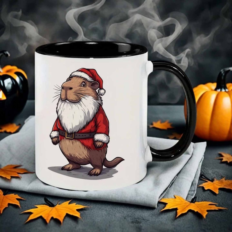 Tailorly Black Accent 11 oz Mug - cartoon style capybara in christmas outfit