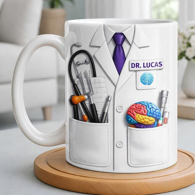 Tailorly White Ceramic 11 oz Mug - Dr Lucas Professional Medical Lab Coat With Purple Tie And Brain Accessories Coat