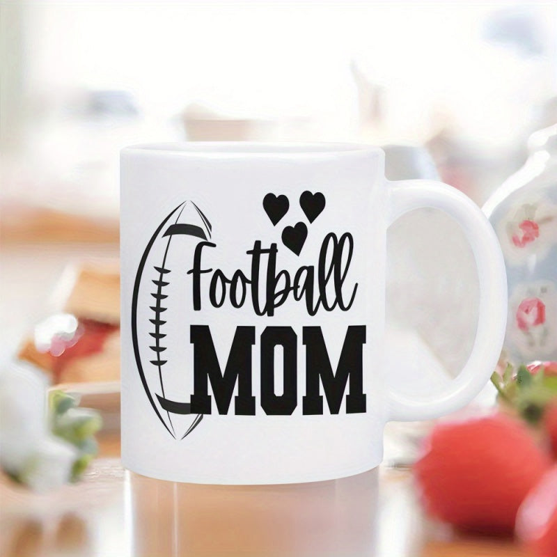 Tailorly White Ceramic 11 oz Mug - Football Mom Stylized Athletic Football Silhouette Featuring Small Hearts And Bold Lettering Football