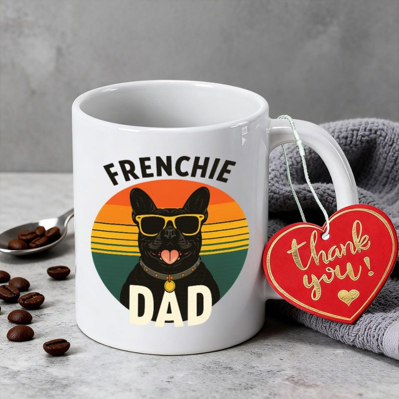 Tailorly White Ceramic 11 oz Mug - Frenchie Dad Retro Circular Sunset Background Featuring Cool Black Dog Wearing Stylish Sunglasses Bulldog